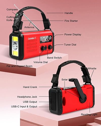 Miniatura 8 de Radio de manivela de emergencia, 20000 mAh  74000 mWh, radio solar con manivela meteorológica con NOAAAMFM, radio a batería con cargador de teléfono