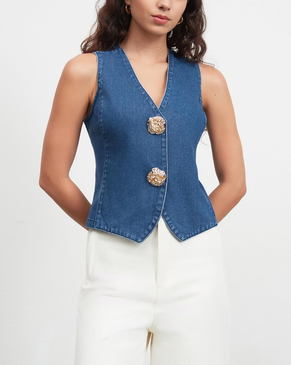 Womens Denim Vest Sleeveless V Neck Button Down Jean Jacket Fitted Jean Suit Waistcoat Vest Top - Image 6