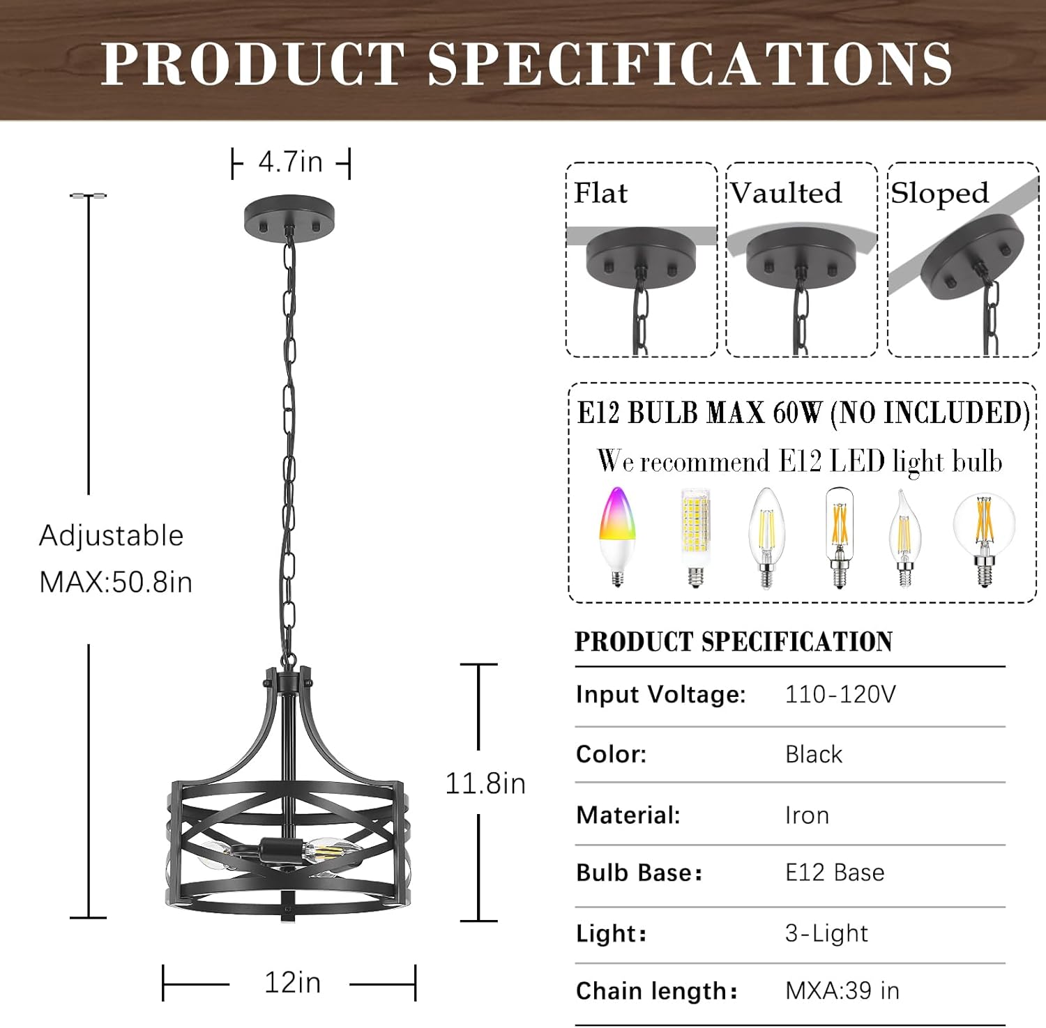 3-Light Black Chandelier, 12 inch Farmhouse Chandelier Dining Room Light Fixture, Modern Industrial Pendant Lights with Adjustable Chain for Kitchen Island Foyer Entrance Bedroom