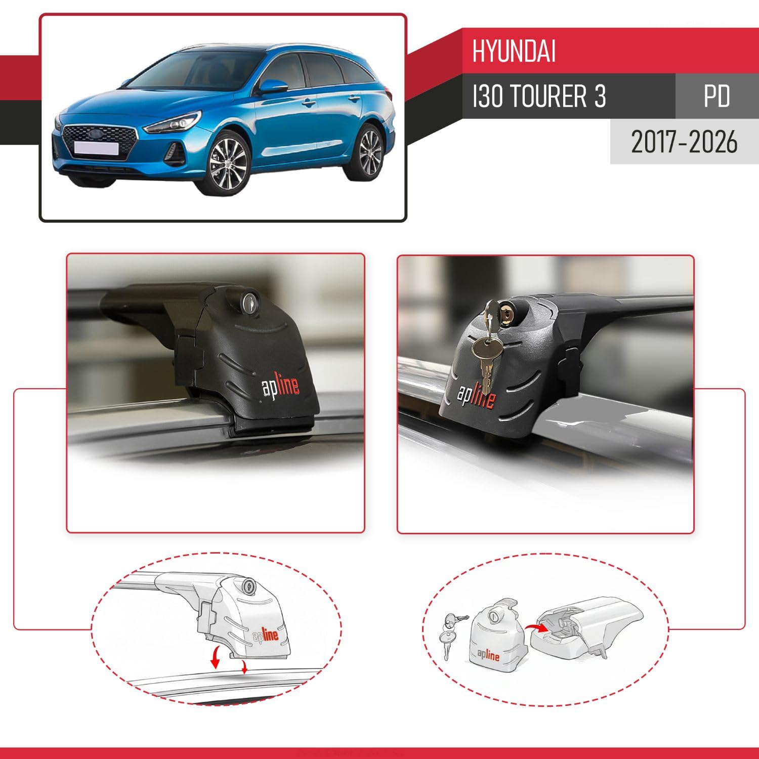 Kompatybilny z Hyundai i30 Tourer 3 (PD) 2017-2026 ACE-2 Model Aluminiowe poprzeczki dachowe Czarny 2 szt.