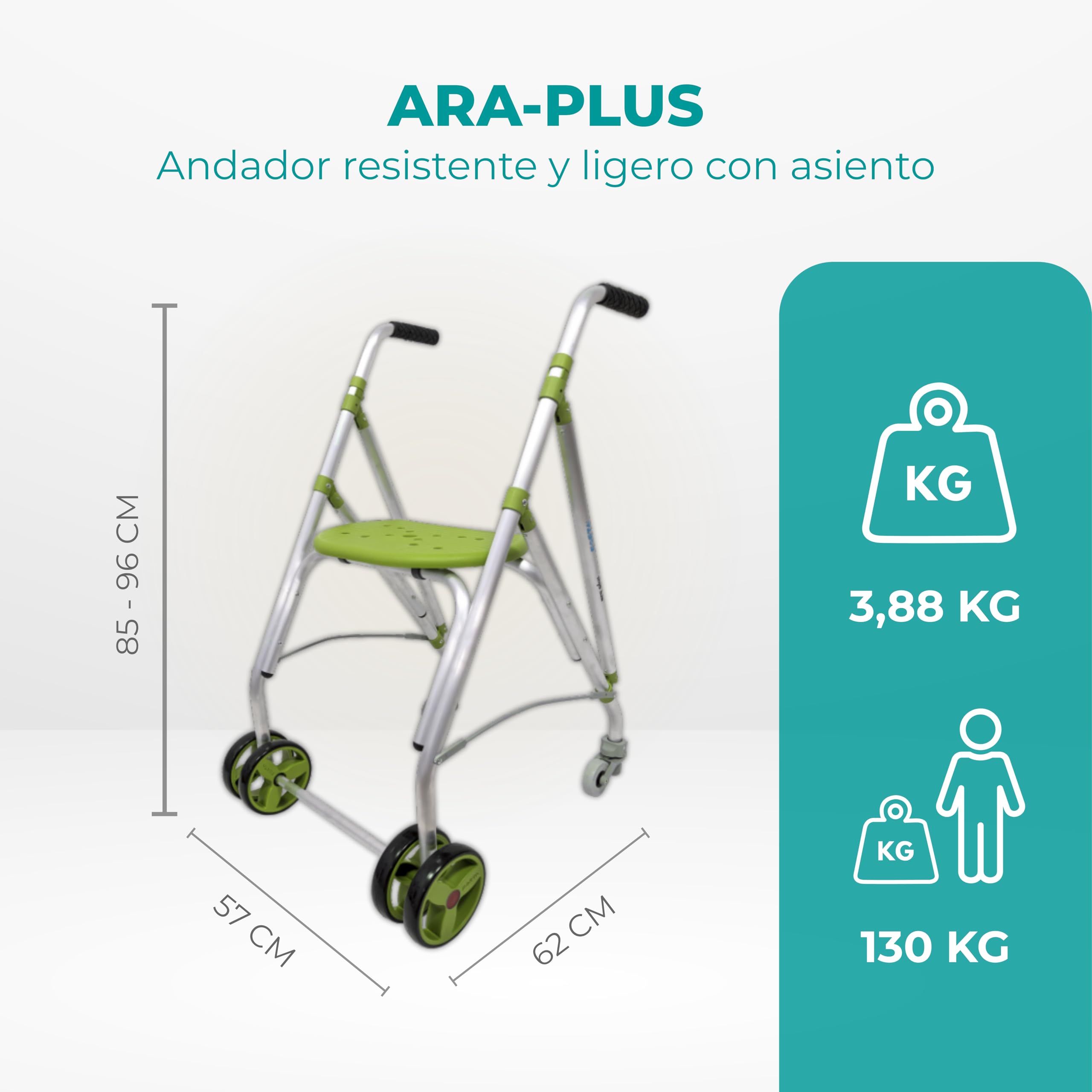 Forta Ara Plus - Deambulatore leggero e pieghevole per anziani - per uso esterno - con sedile integrato, regolabile in altezza, freno a pressione, capacità di carico fino a 130 kg (picchetto)