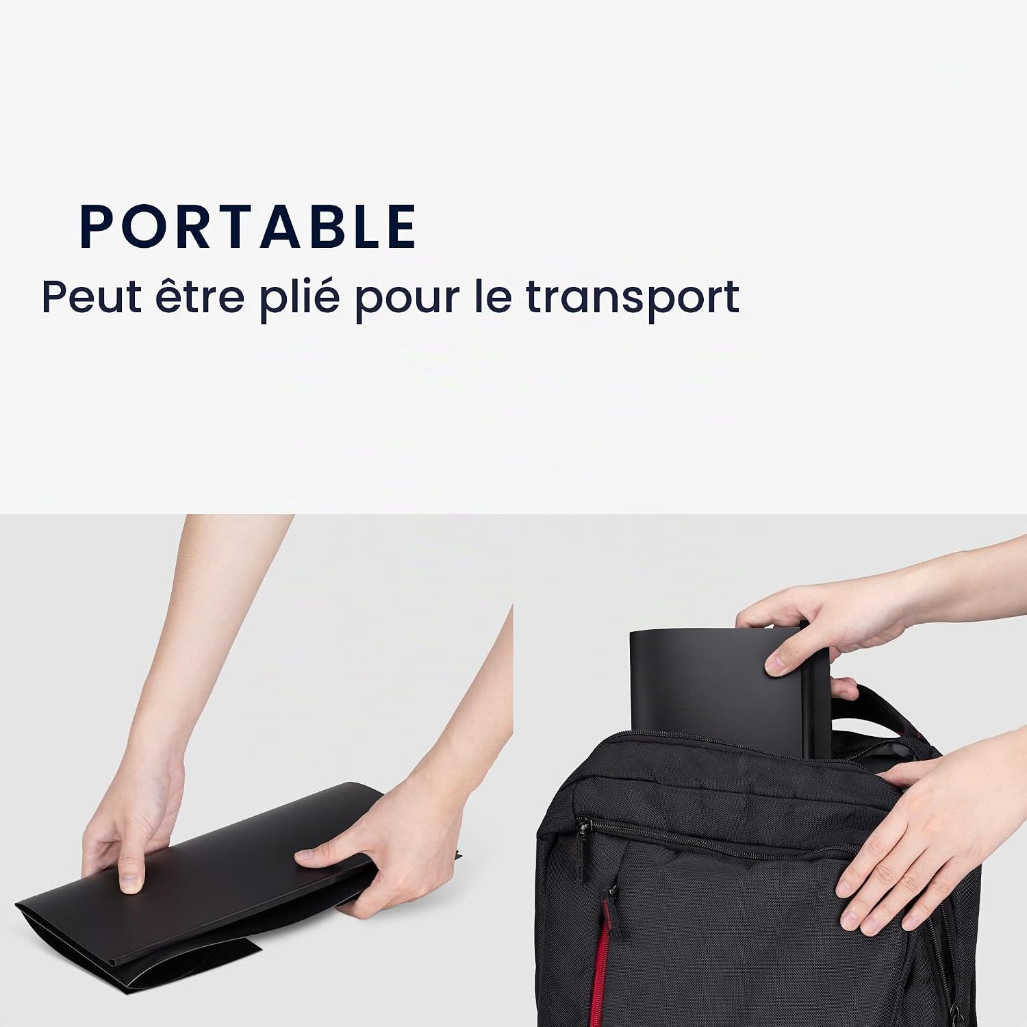 Two-panel image showing the sun shade being folded flat and then placed into a laptop bag, illustrating its portability.
