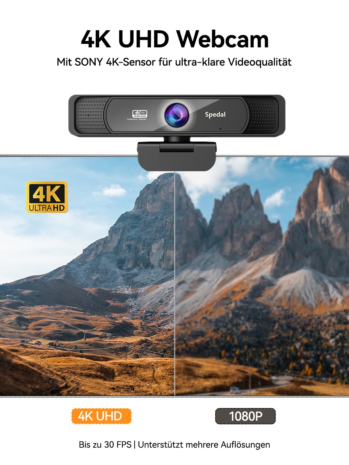 Spedal 4K Webcam mit Stativ und Mikrofon, 120 Grad Weitwinkel PC Kamera mit Fernbedienung und Zoom, Autofokus UHD USB-C Streaming Kamera für Laptop & Mac, Videokonferenz, Videoanrufe, Teams, Zoom