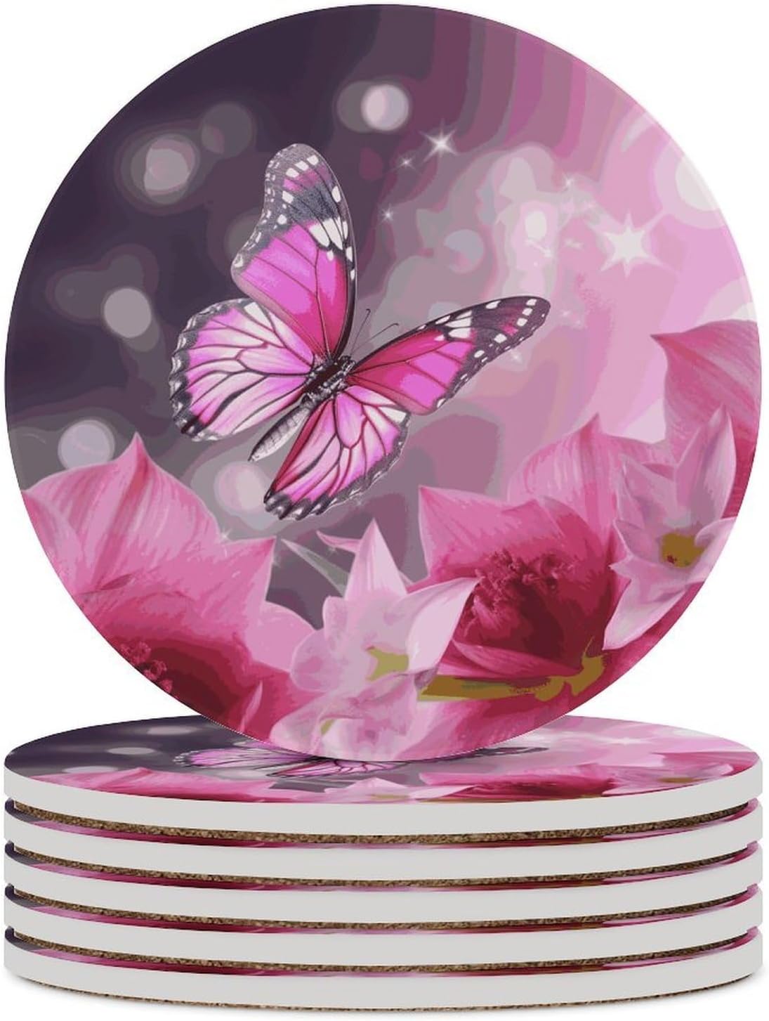 Pink Flower and Butterfly Coasters Round Coasters Set Ceramic Stone Coaster with Cork Base Coffee Cup Beverage Cup Mat Cute Funny Table Drinks Coaster for Mugs and Cups Office Kitchen