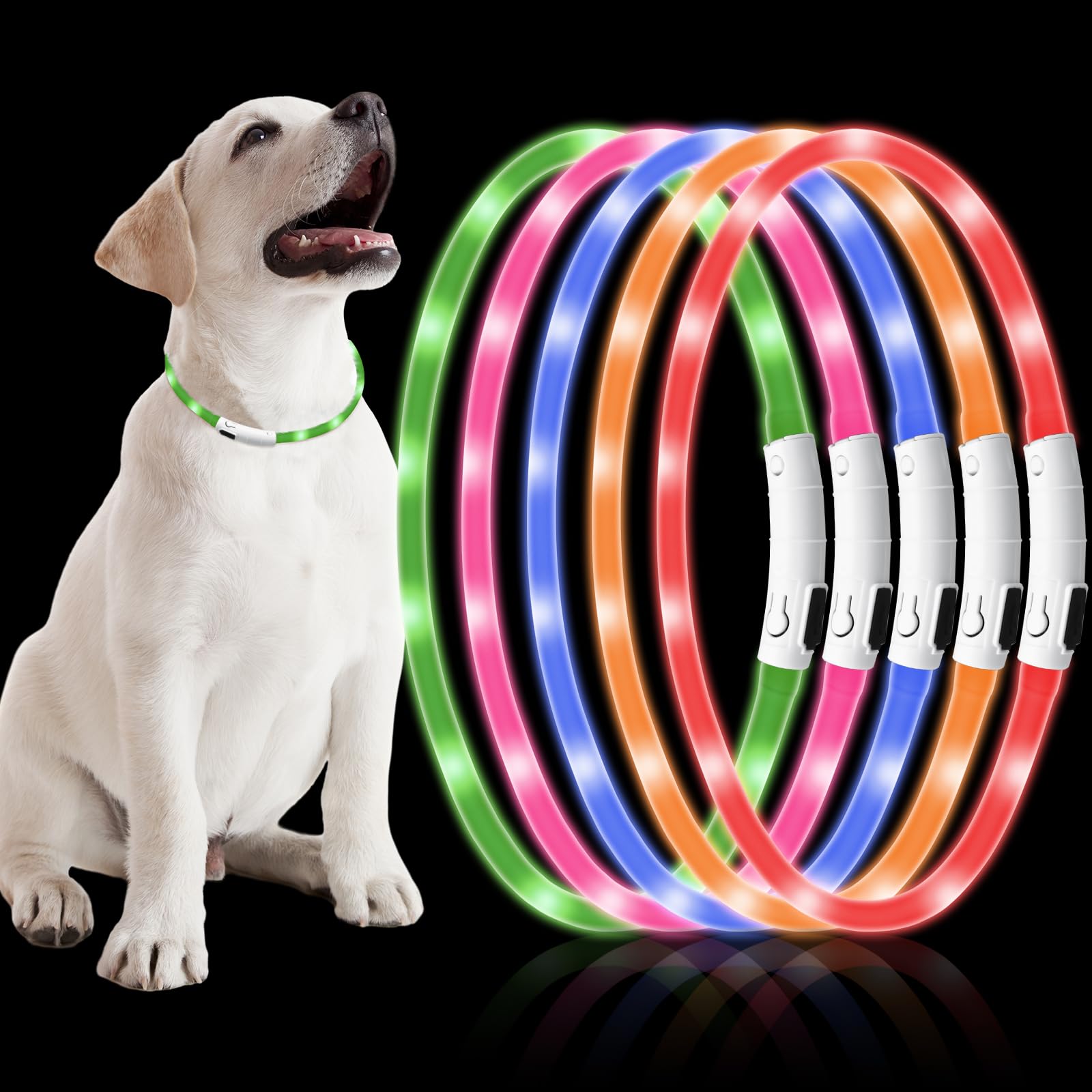 Weewooday 5 Pcs Light up Dog Collars Silicone LED Lighted Dog Collar for Night Walking Rechargeable Glow in The Dark Puppy Safety Necklaces with 3 Glowing Modes for Small Medium Large Puppies