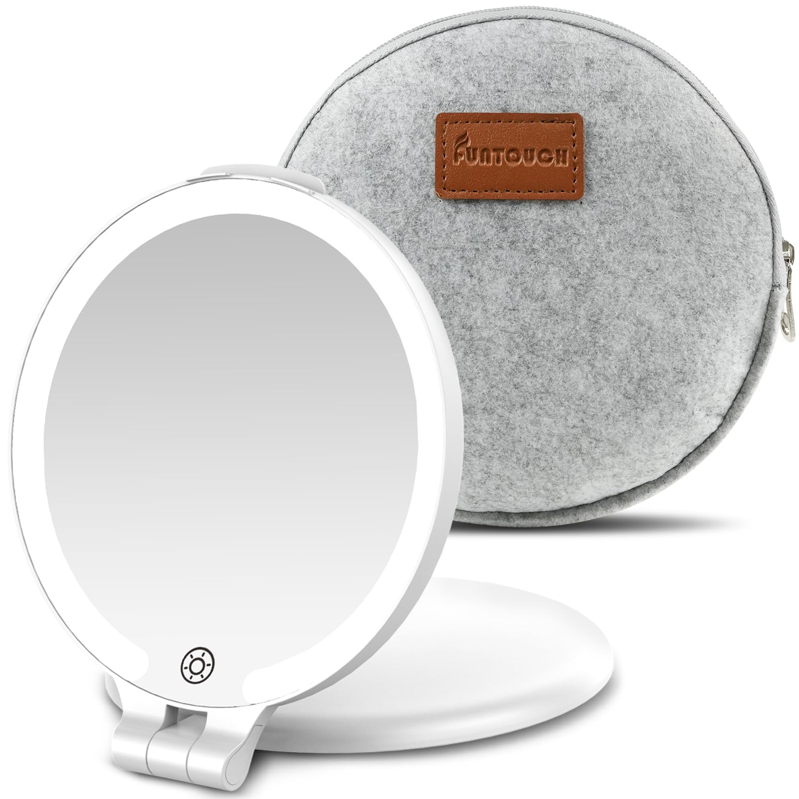 FUNTOUCH Espejo de aumento de viaje con luz, recargable 1X/10X, espejo de maquillaje de doble cara con luces, 3 modos de iluminación, plegable portátil esencial de viaje con bolsa