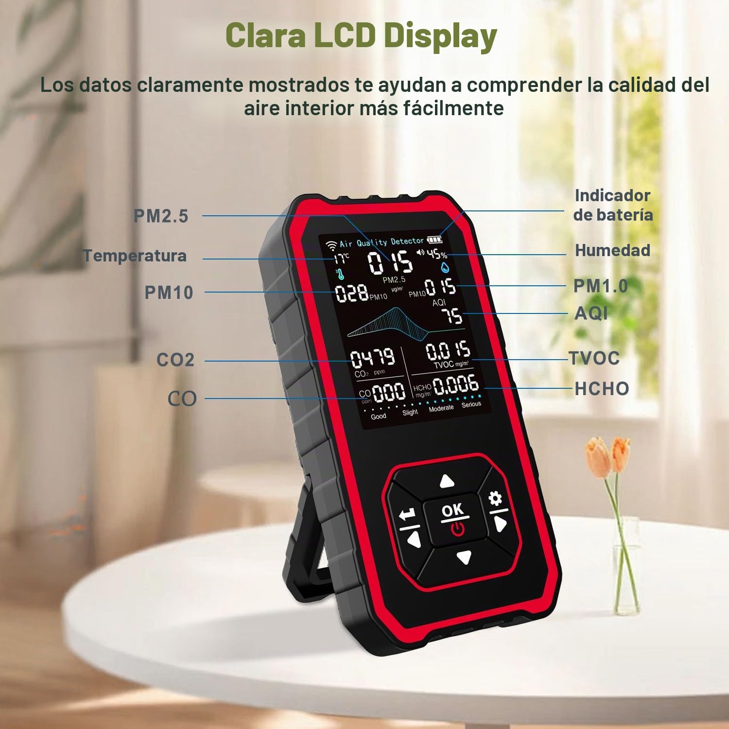 Detector de Calidad de Aire 10 en 1 para Interiores, Monitor Multifunción con Detección de PM2.5/PM10/CO2/HCHO/TVOC/AQI, Sensor de Temperatura y Humedad, Ideal para Hogar, Oficina, Viajes y Grow Tent