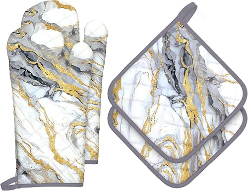 Juego de 4 manoplas de horno y soportes para ollas de mármol de oro blanco, 100% algodón, resistentes al calor, guantes de horno extra largos para