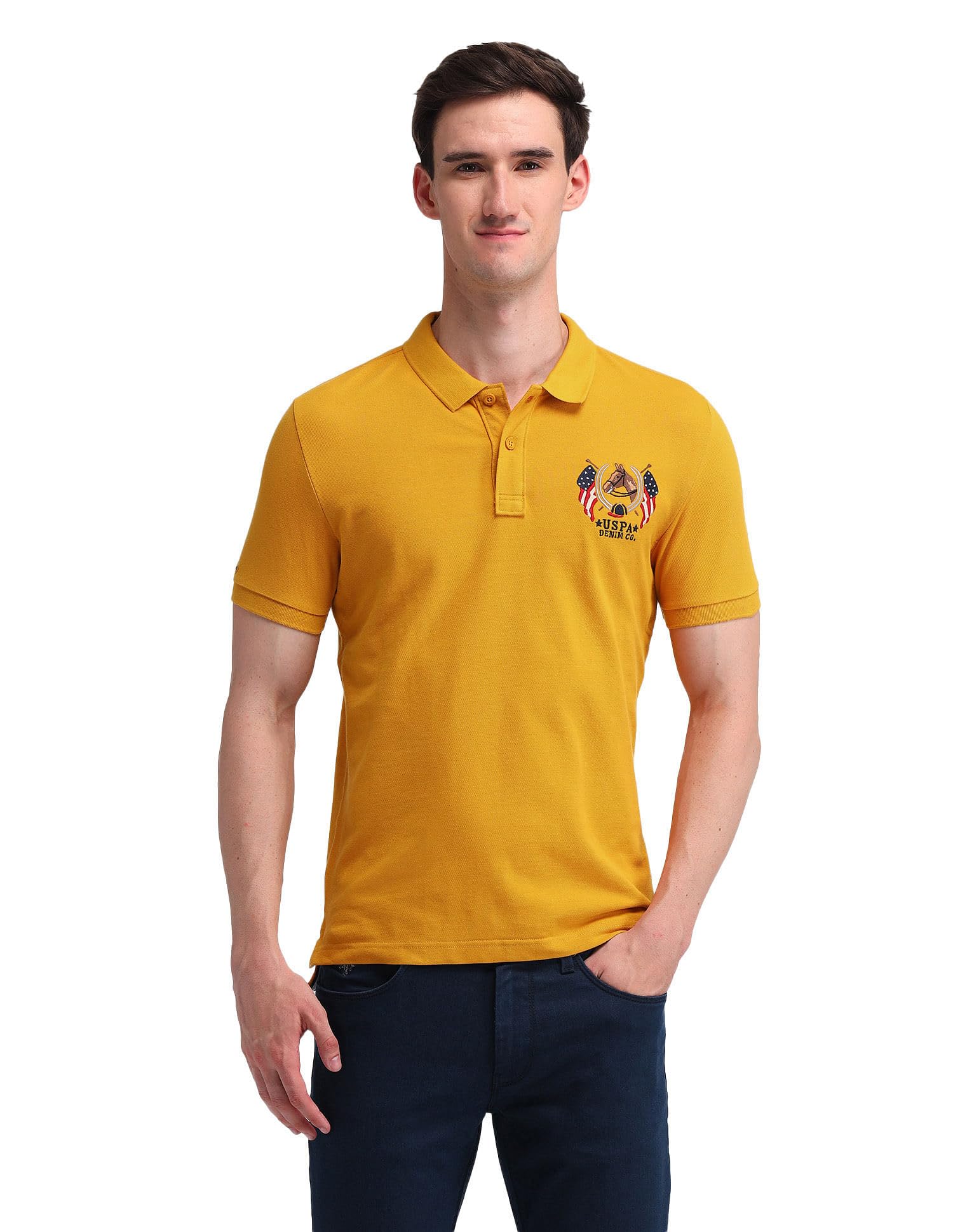 Men's Yellow Solid Polo Collar Half Sleeve Casual Cotton Slim Fit T-Shirts-image-10