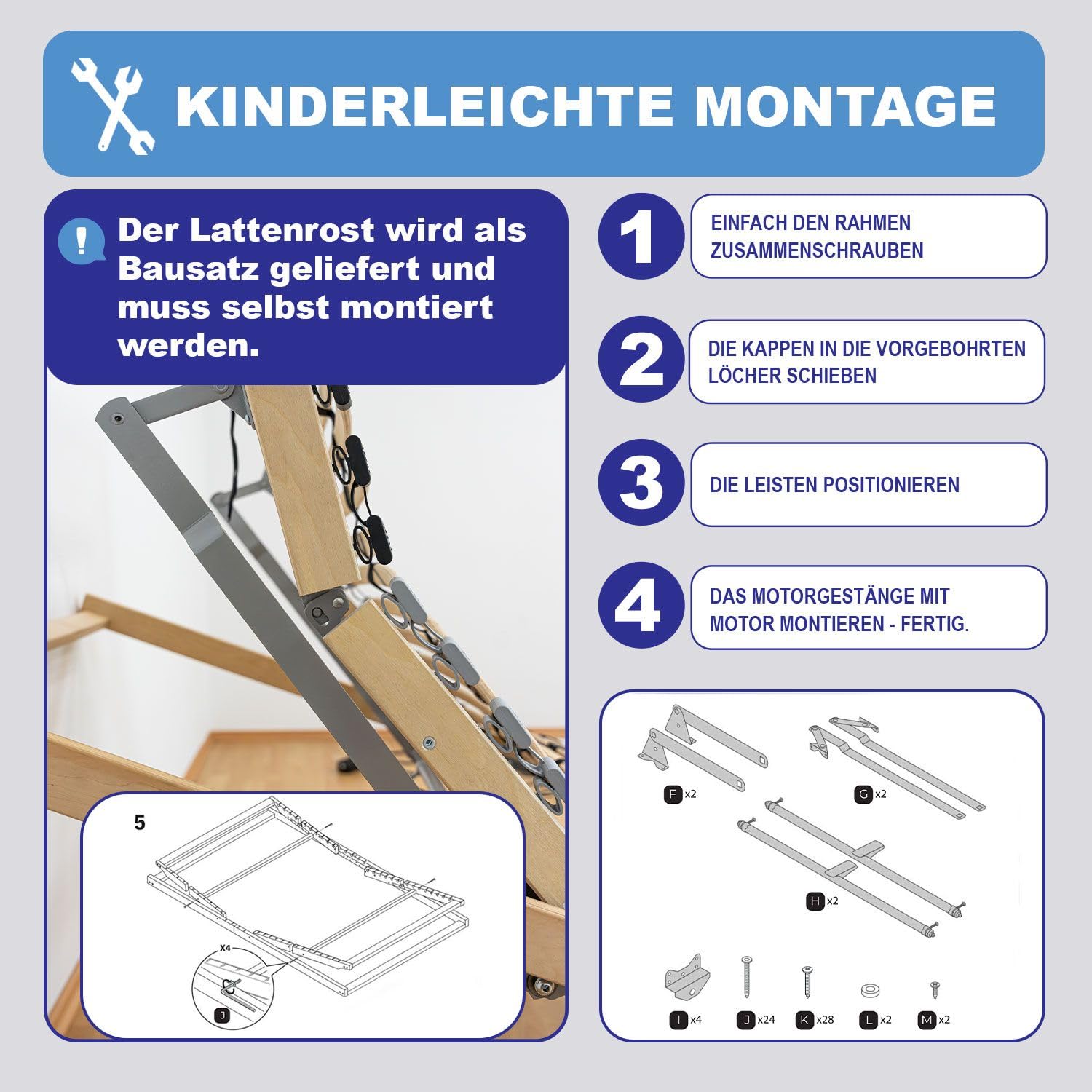 Coemo 7-Zonen Lattenrost Ergo KF mit Motor Kopf- und Fußteil elektrisch verstellbar, 28 Federleisten, individuelle Härtegradeinstellung, mit Notstromabsenkung, Bausatz, 90 x 200 cm