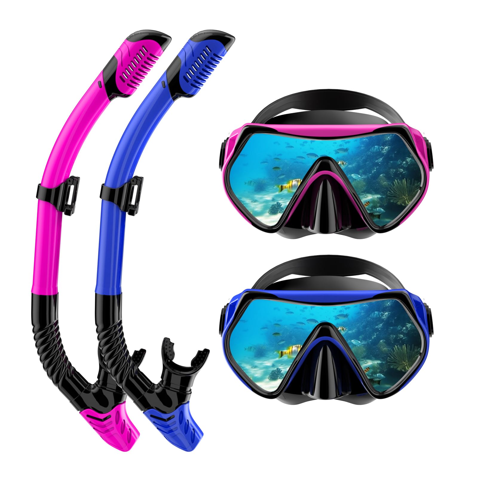Snorkeling Gear for Adults, Dry-Top Snorkel Set Scuba Diving mask, 180°Panoramic Wide View Professional Snorkeling Gear Breathing Freely Snorkel Mask (Purple+Blue)
