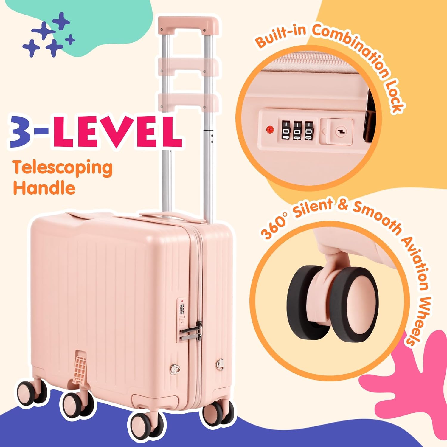 smilesun Kids Ride-On Luggage, 20" Hardshell Carry-On Suitcase with 6 Spinner Wheels, Foldable Pedal, Hidden Cup Holder & Combination Lock for Toddlers & Children (Light Pink, 20-inch)