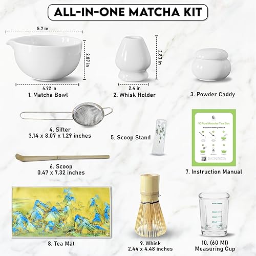 Miniatura 2 de Juego de 10 piezas de matcha, juego de matcha de cerámica incluye cuenco de matcha de 17 onzas, batidor y cuchara de bambú, soporte para batidor,