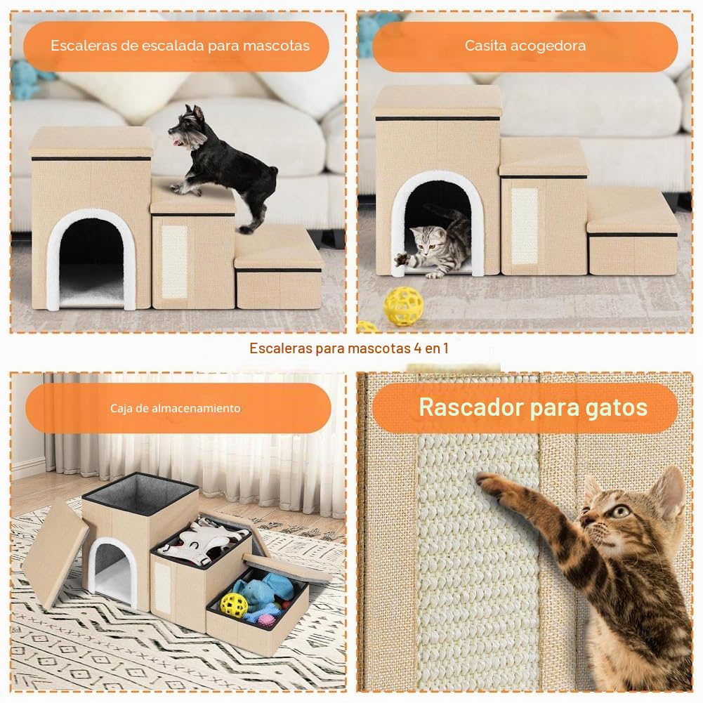 BAKAJI Escalera para Perros y Gatos 3en1 Plegable en Poliéster Beige, Escalera para Mascotas Multifunción, Escalón Compartimento y Nido, Escalones Ergonómicos, Fondo Antideslizante