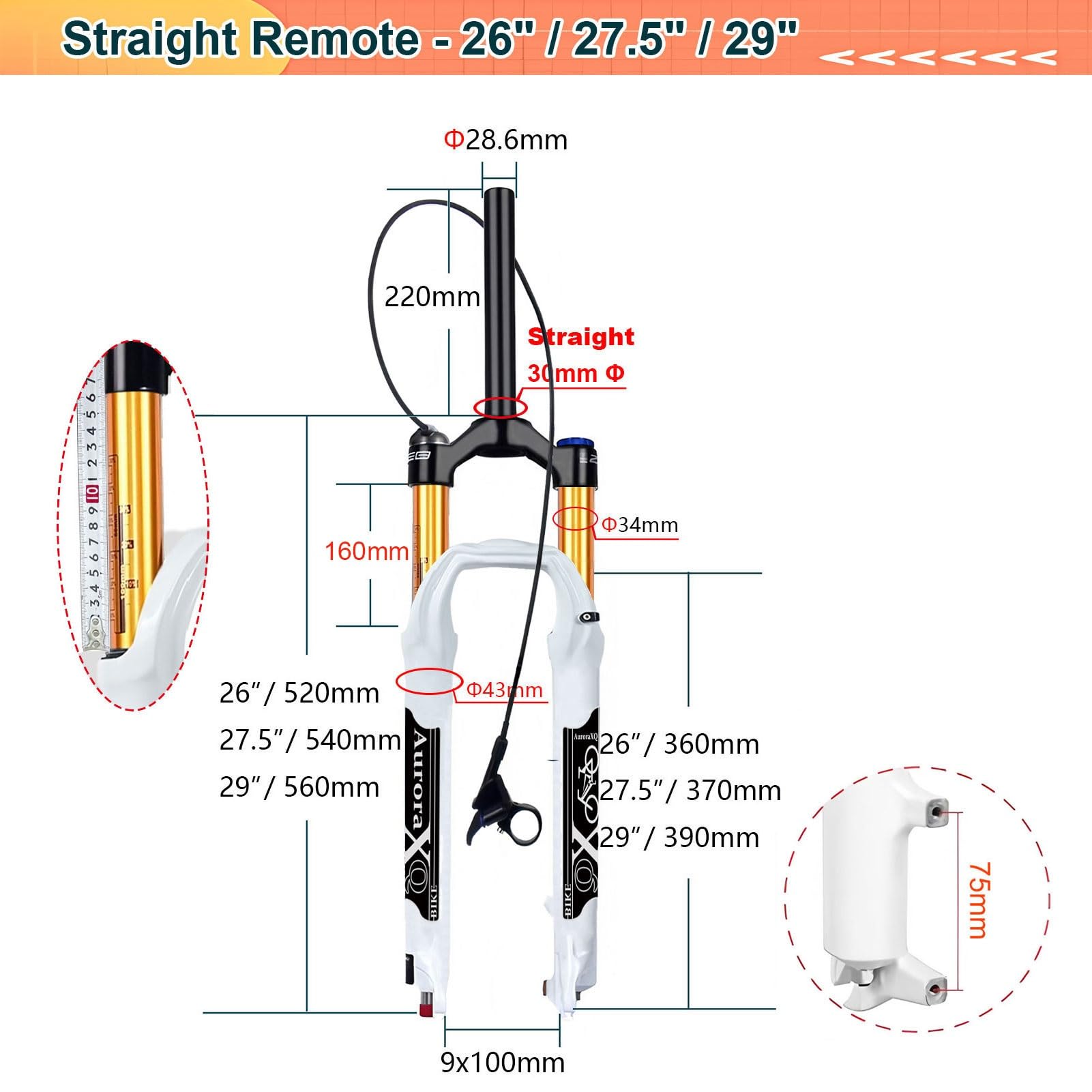 Horquilla de suspensión para Bicicleta de 26/27,5/29 Pulgadas para MTB XC Am, FORK-160 con Ajuste de Rebote QR de 9 mm, Horquillas de Aire Rectas/cónicas para Bicicleta de montaña.