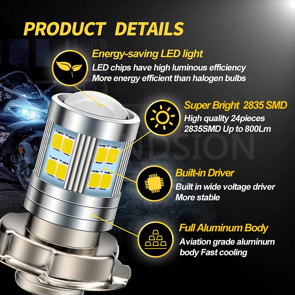Ruiandsion P26S Lampadina per faro a LED per moto 6000K Bianco DC 10-30V Super Bright 2835 24SMD Chips Lampada per moto a LED (confezione da 2)