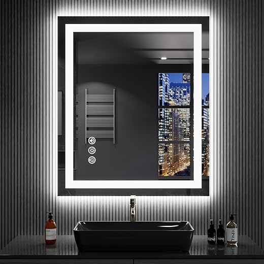 LOAAO 24"X32" LED Bathroom Mirror with Lights, Anti-Fog, Dimmable, RGB Backlit + Front Lighted, Bathroom Vanity Mirror for Wall, Memory Function, Shatter-Proof, Tempered Glass