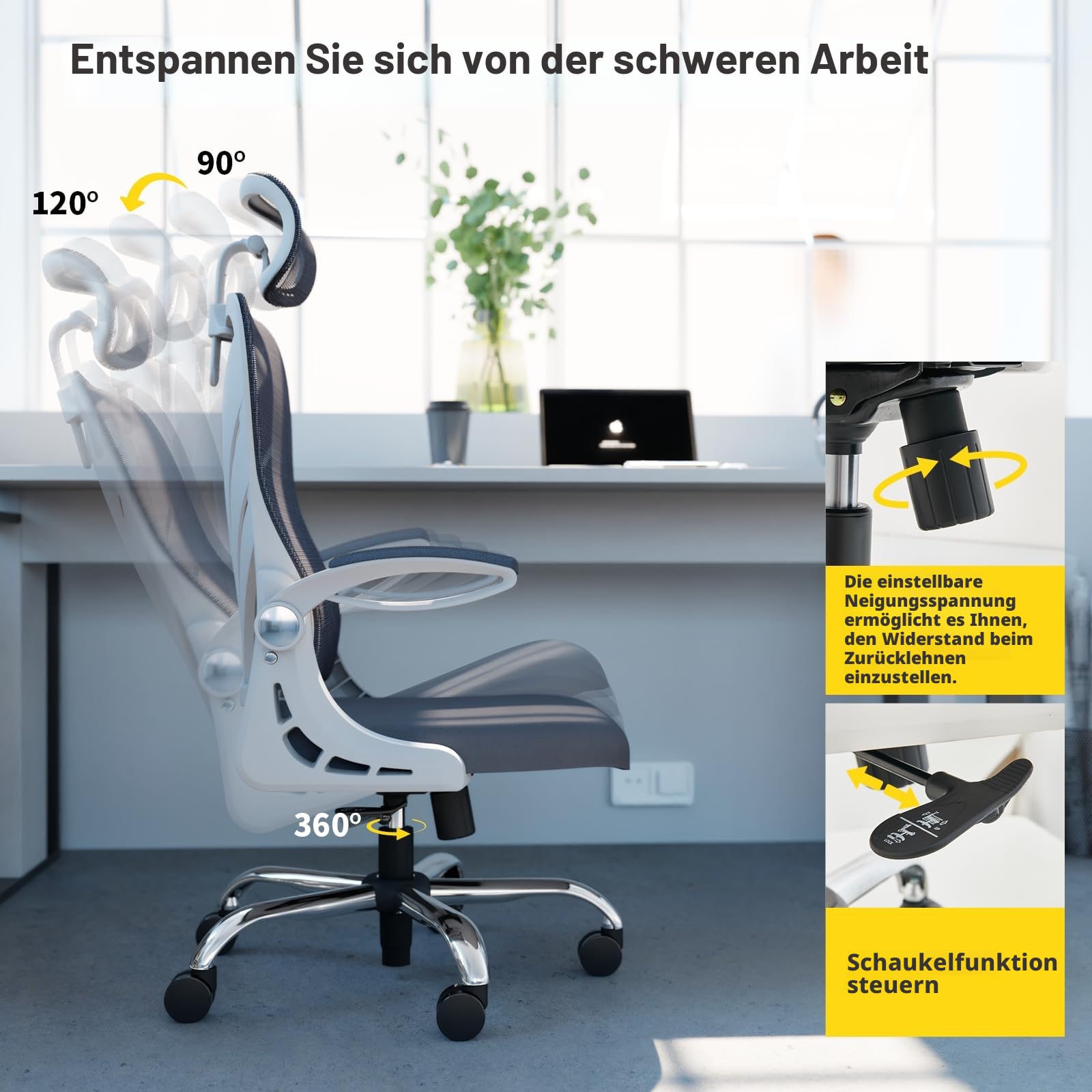 HOLLUDLE Ergonomischer Bürostuhl mit Klappbarer Rückenlehne, Schreibtischstuhl mit 2D Kopfstütze, Hochklappbaren Armlehnen und Mesh Lendenwirbelstütze Drehstuhl Computerstuhl, Weiß