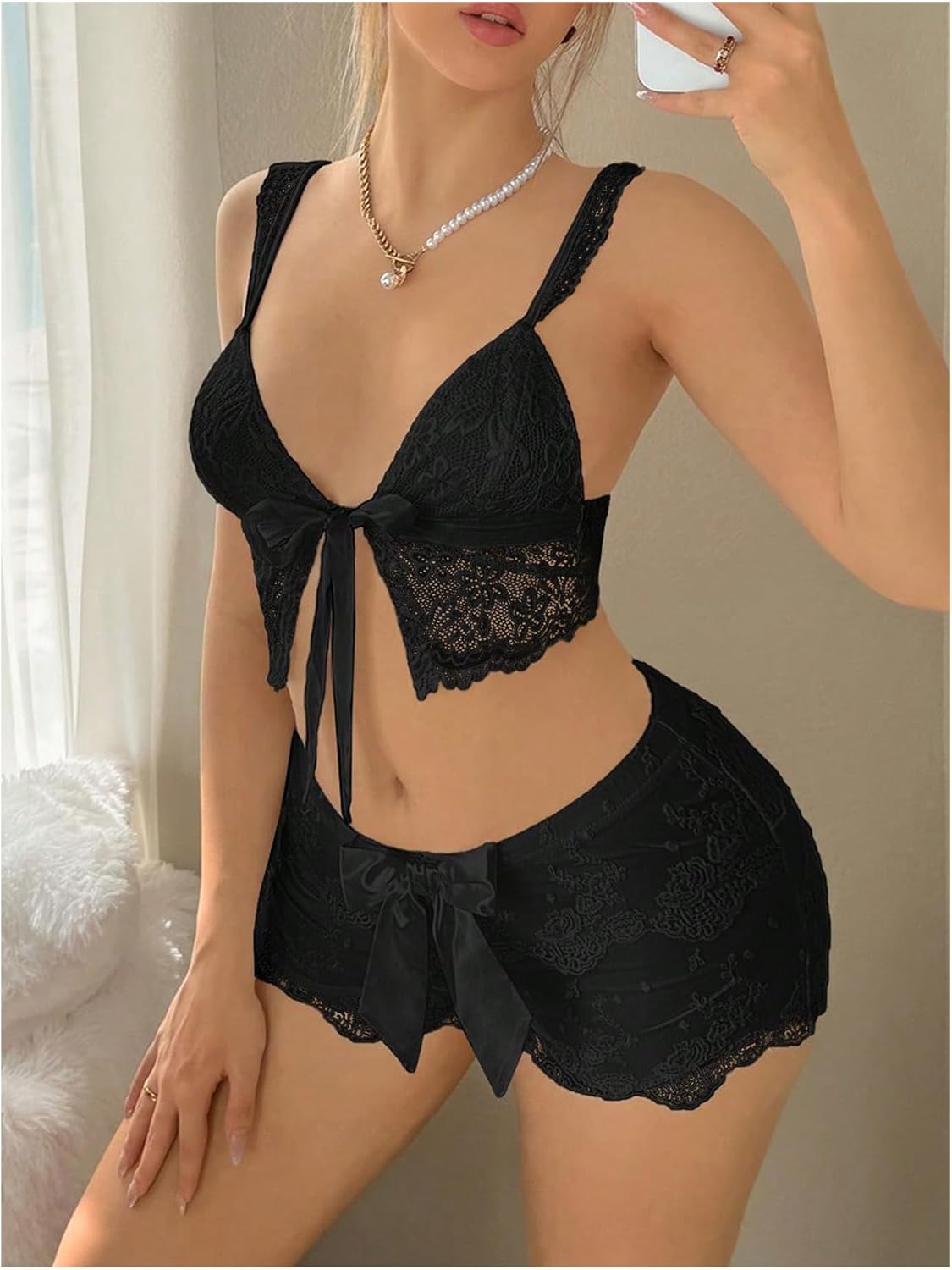 Floerns Women's Bow Tie Lace Crop Camisole V Neck Sleeveless Mesh Date Night Rave Concert Cami Tank Tops - Image 4