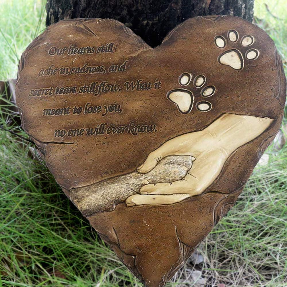 JHP Dog Memorial Stones, Hand-Printed Heart Shaped pet Memorial Gifts Embellished with Sympathy Poem & paw in Hand Design, Meaningful Loss of Pet Gift for Outdoor (Brown)