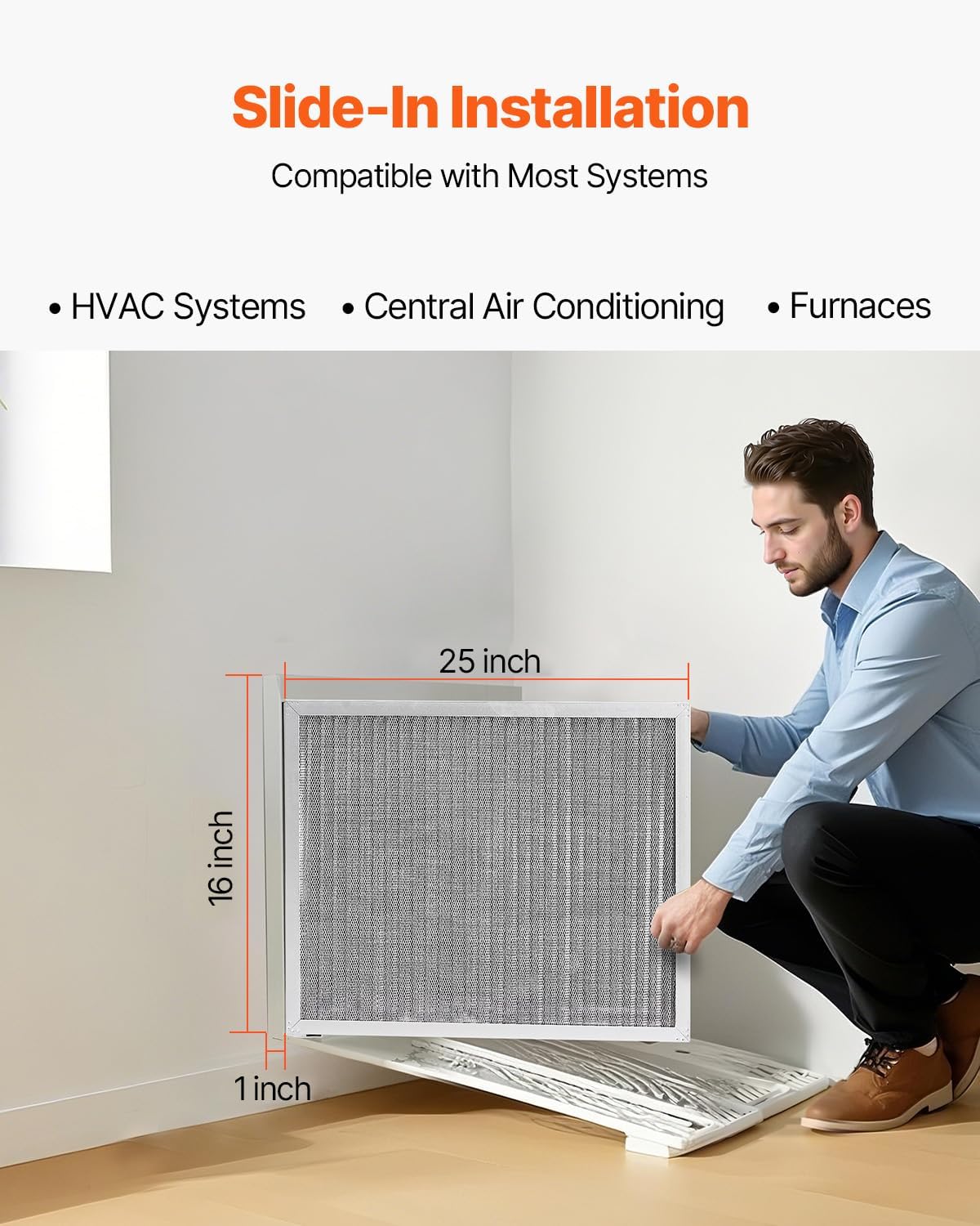 VEVOR 16x25x1 inch Electrostatic Air Filter, AC/HVAC Furnace Filter Washable & Reusable Aluminum, MERV 8 Long Lifetime,Home or Office (Actual Size: 15.5 x 24.65 x 0.82 in)