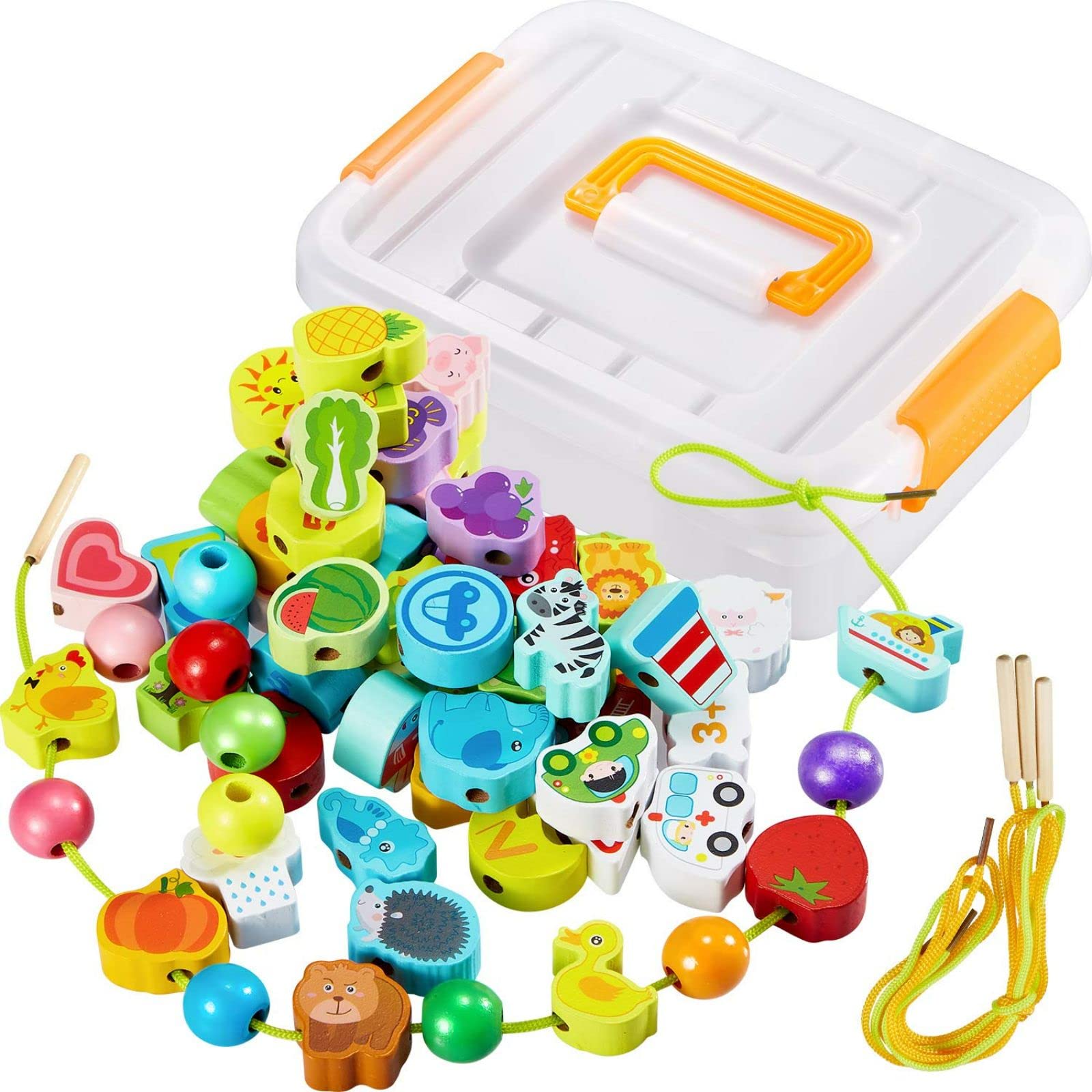 Arabest 65pcs Lacing Beads Toy, Wooden String Beads, Animal Fruits Vegetable Vehicles Lacing Beads, Fine Motor Toys with Storage Box and 4 Threads for Kids, Learning Boys Girls Educational Toys