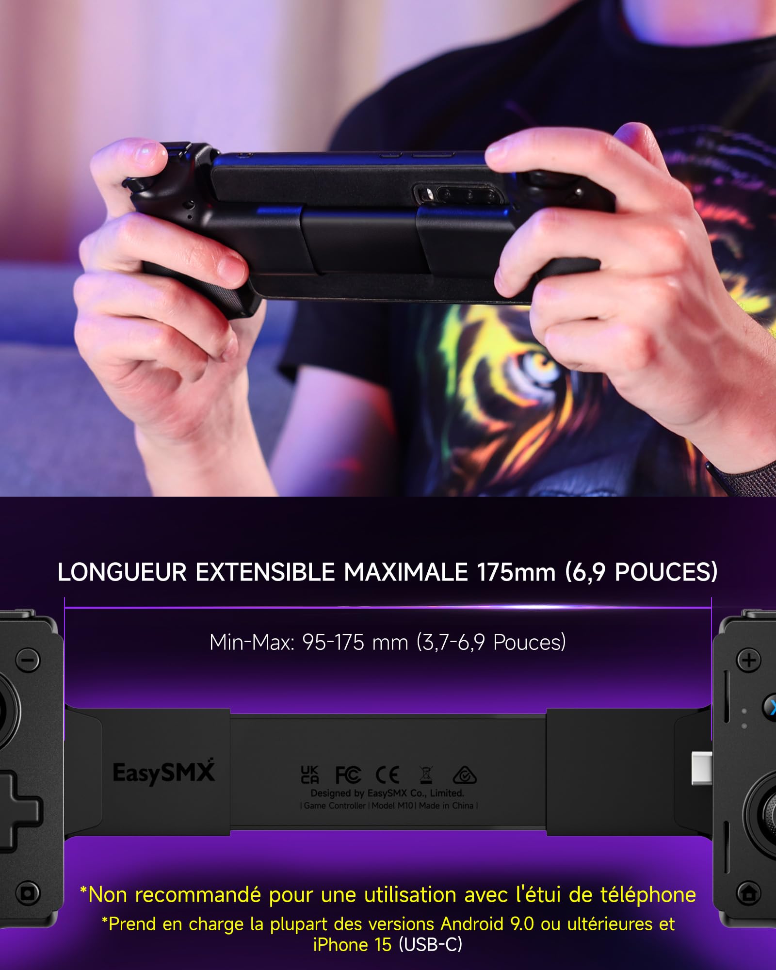 EasySMX M10 Manette Mobile pour Android et iPhone 15 (USB-C), Manette Téléphone Manette de Jeu pour XCloud, Stadia, Luna, Apex, Chargement Passthrough, Noir