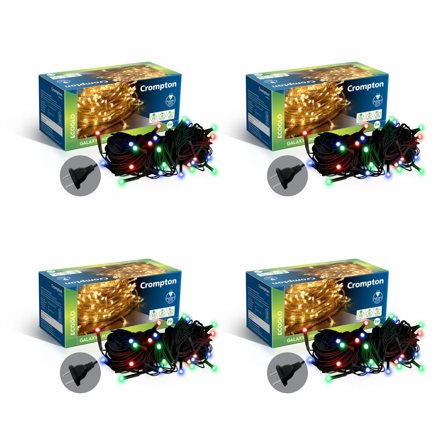 Crompton Galaxy Pixel Light | Festive Ladi Lights | 10 Meter | 48 LEDs | Multi-Colour | Pack of 4 | Direct 2-pin Plug | BIS Safe Wire | for Home Decoration, Diwali, Festival, Birthday, Marriage