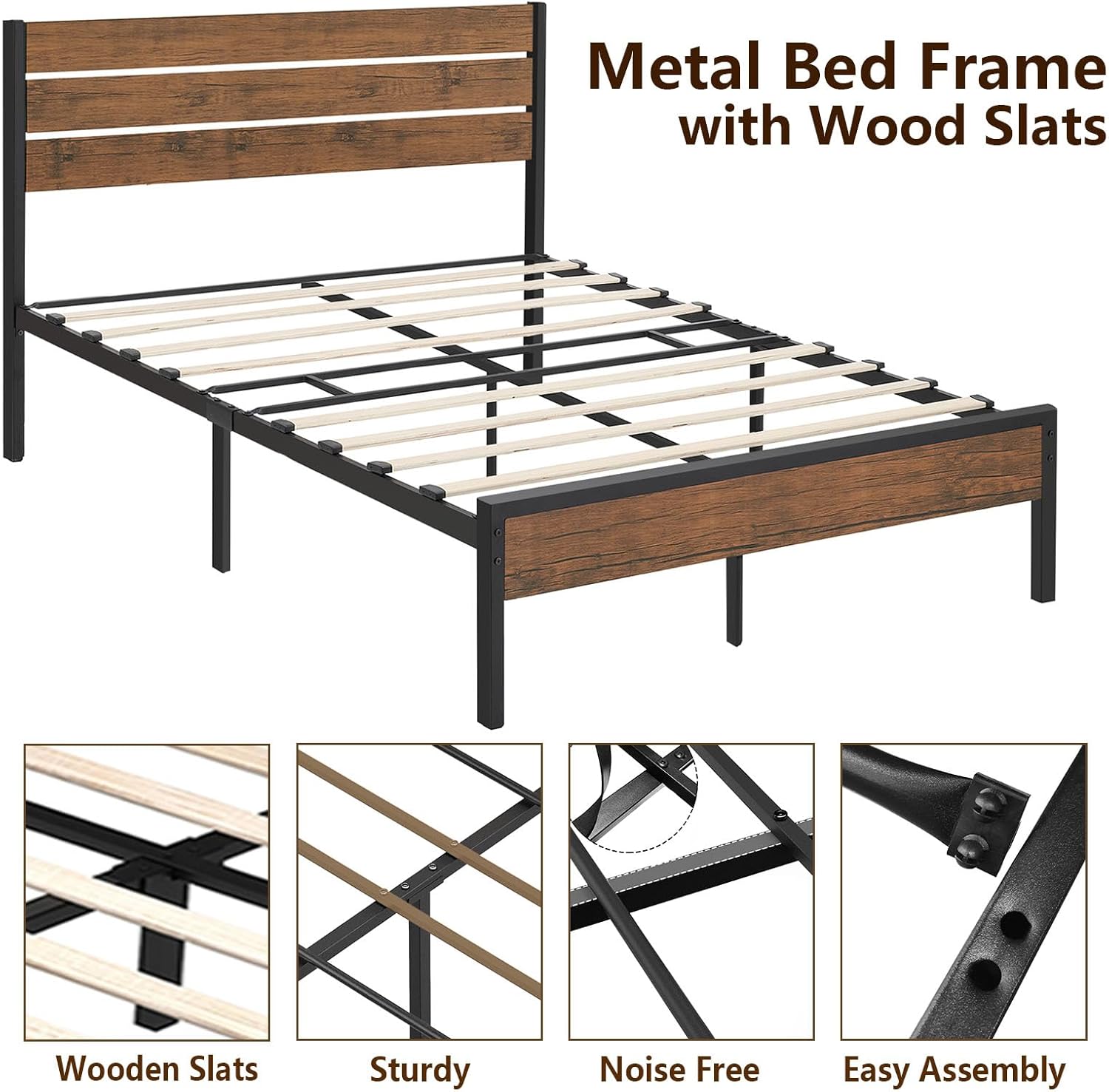 Rustic Full Bed Frame with Headboard,Metal Platform Farmhouse Bed Frame Wood Slat,Sturdy Heavy Duty Bed Frames,No Box Spring Needed,Easy Assembly,Under Bed Storage, Rustic Brown,Full Size