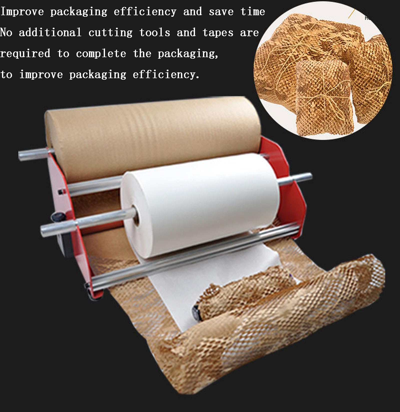 Dyspenser do papieru pakowego w rolkach w kształcie plastra miodu, stojak dozownika papieru pakowego, z konstrukcją dwuosiową, warstwa buforowa antywibracyjna, do materiałów kruchych (Black)