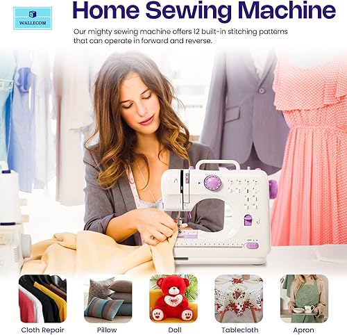 Miniatura 4 de WALLECOM Máquina de coser portátil para principiantes con 12 aplicaciones de puntada, doble velocidad, costura inversa, pedal de pie y kit de