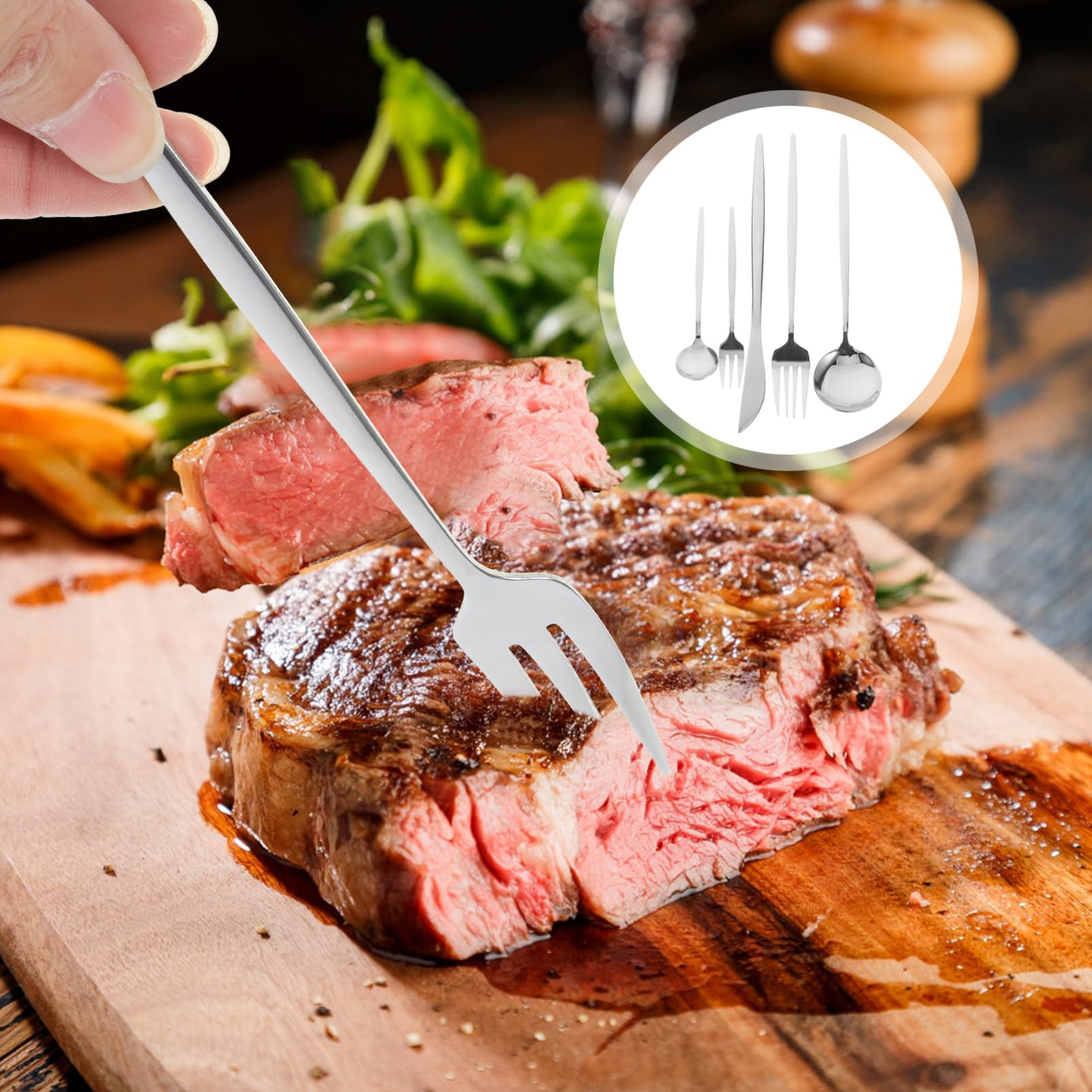 Amosfun Set Posate da Bistecca 30 Pezzi in Acciaio Inox per Cena | Colore Bianco, Forchetta e Cucchiaio da Dessert Inclusi, Costruzione Solida e Stabile