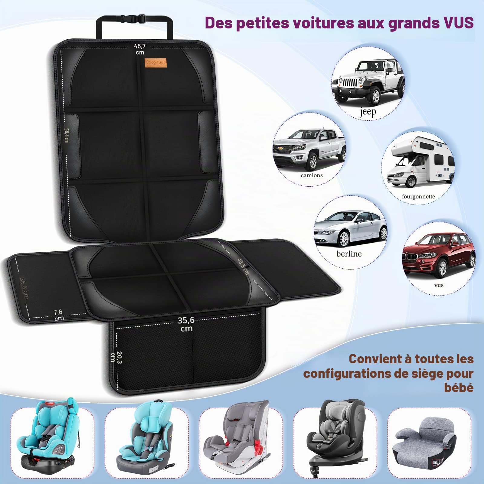 Bacgnyer Protections de SièGe de Voiture, Rembourrage en Tissu 600d éPais, ImperméAble, Durable, AntidéRapant, Protection de SièGe pour Enfants, Convient pour Les BéBéS (Noir, 2 Pièces)