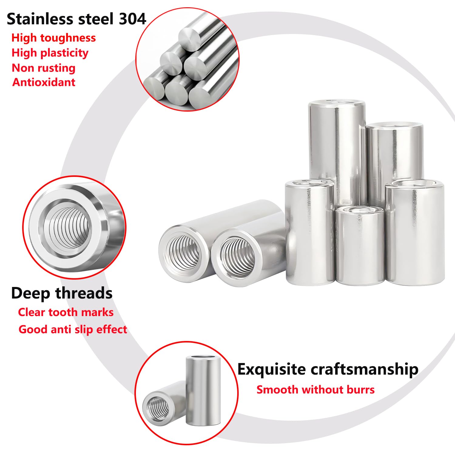 20 Pezzi Dado a Barra Lunga, Dadi di Accoppiamento Cilindrici, in Acciaio Inox 304, M4×8×8mm Dado Rotondo per Casa e Industriale