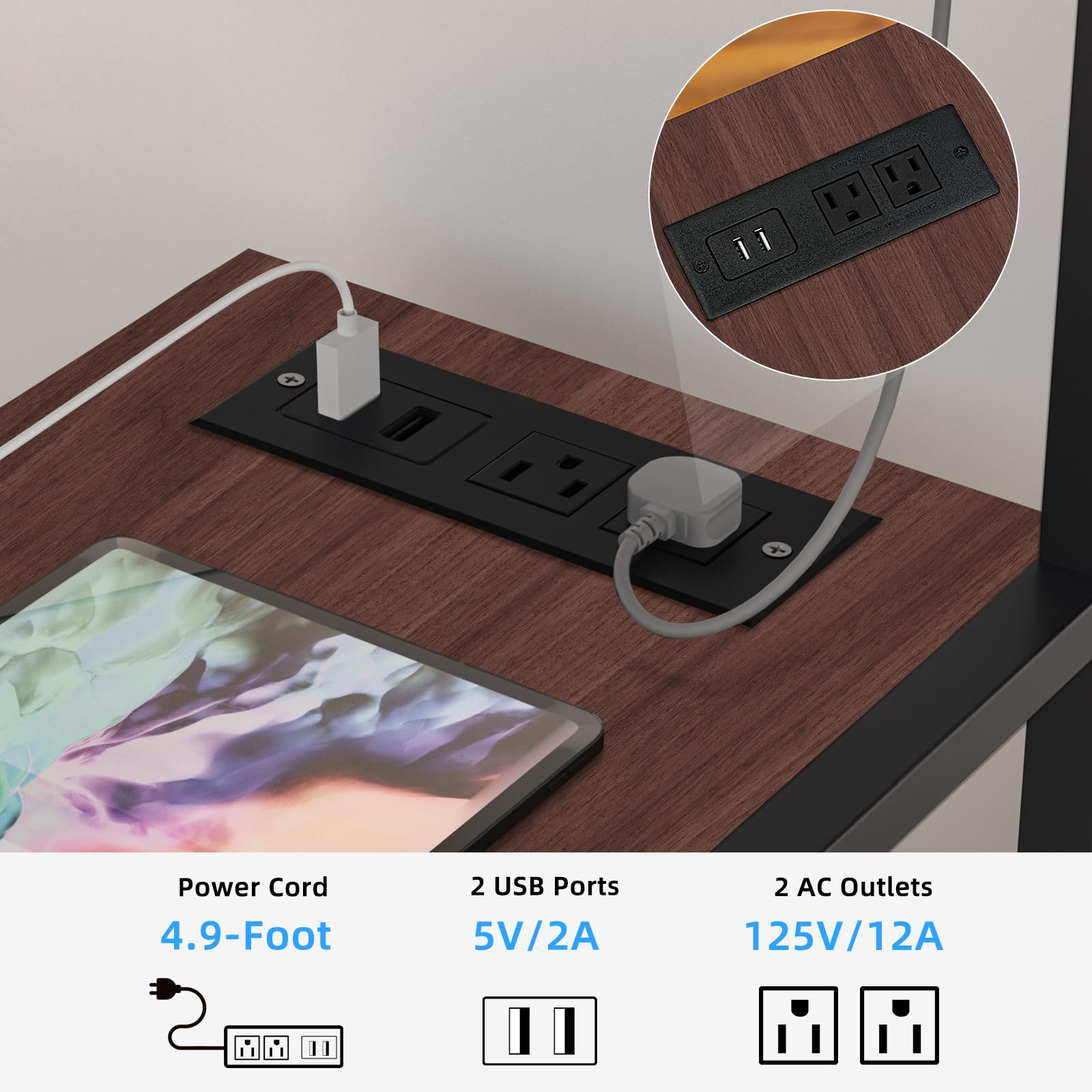 Lerliuo Support d'imprimante avec station de charge et ports USB, grande table d'imprimante mobile à 3 niveaux avec étagère de rangement, chariot d'imprimante industriel roulant en noyer avec roues