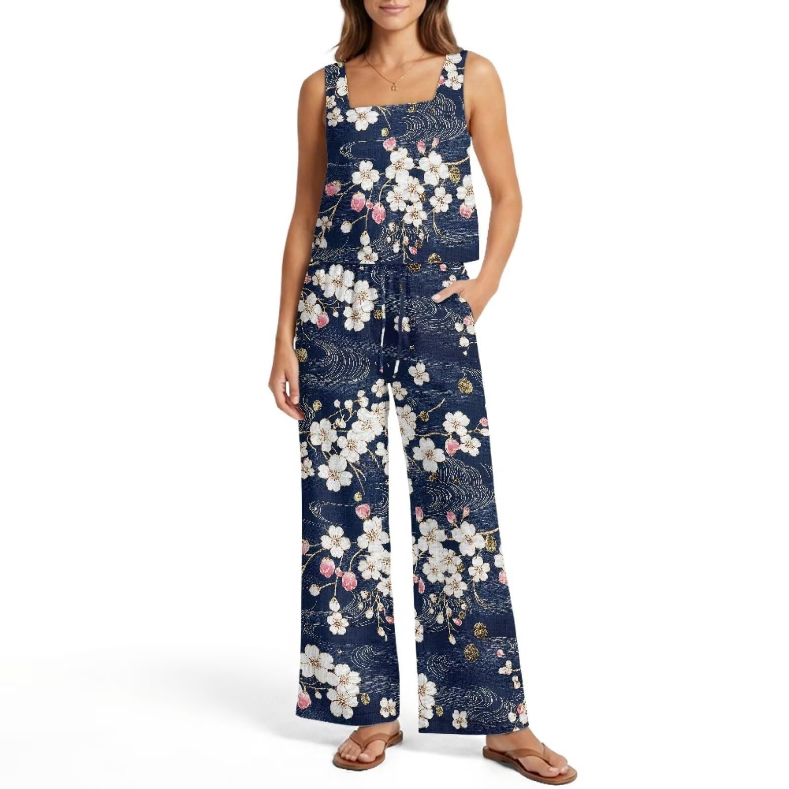 Xoenoiee 2-teiliges Damen-Outfit-Set, Hose, Sommer, Strandurlaub, trendige Kleidung, ärmelloses Tanktop und Hose