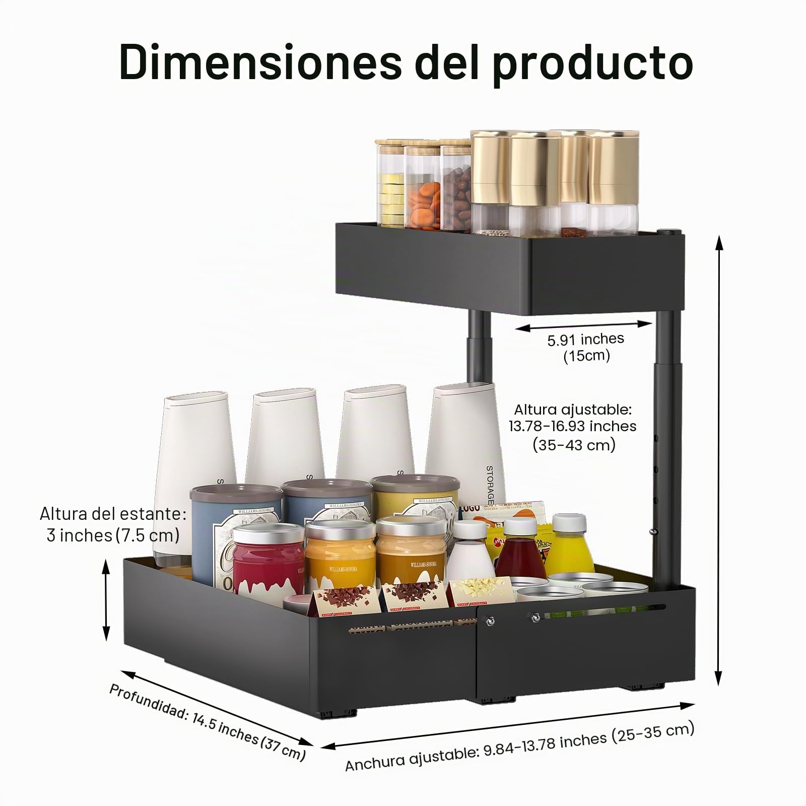 KUOGAS Organizador Bajo Fregadero de Metal Ajustable – Sistema Extraíble y Altura Regulable, Organizador Universal para Fregadero de Cocina y Baño (2, Negro)