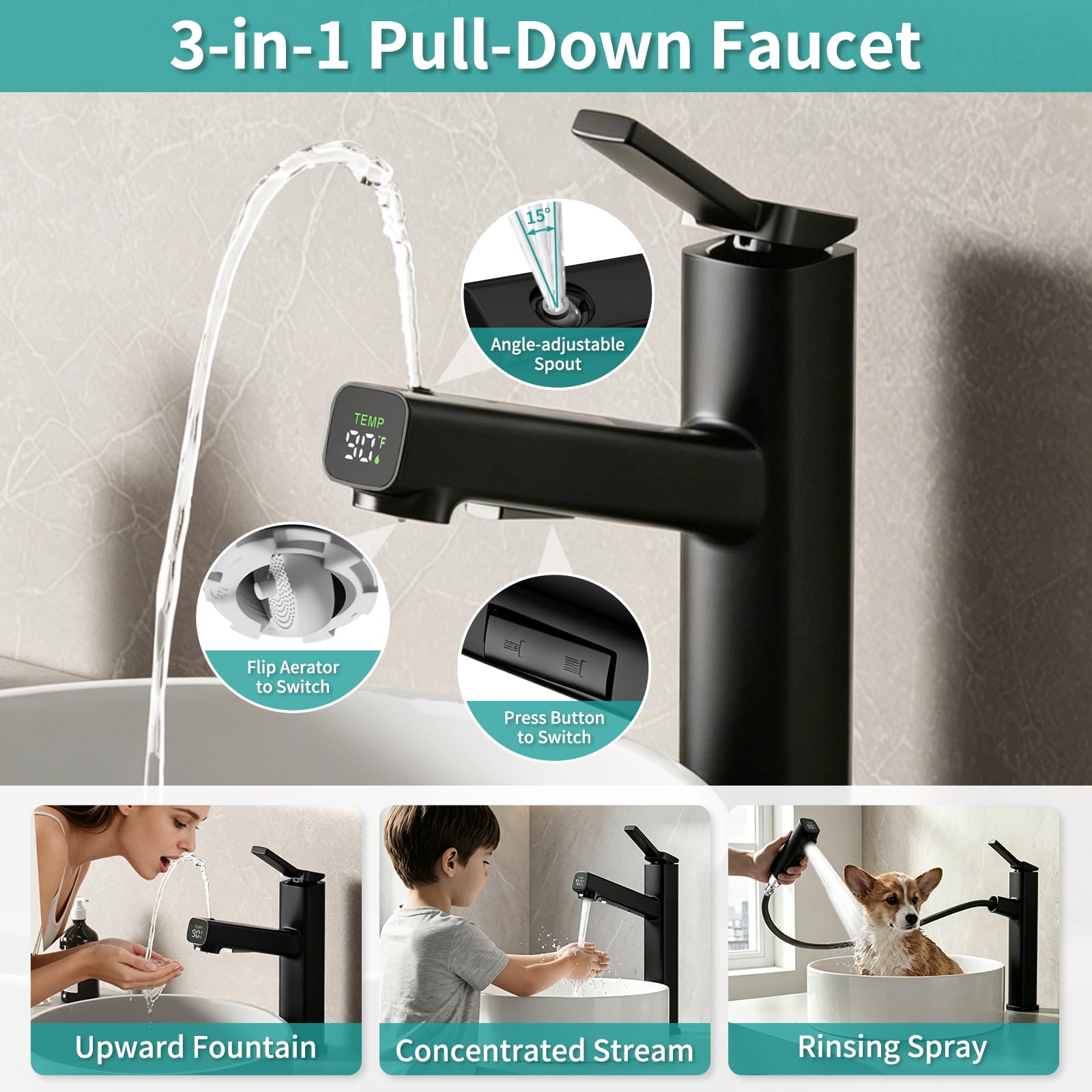 MIAOHUI Grifo de baño alto con rociador extraíble, 3 modos de pulverización, grifo de lavabo con pantalla de temperatura, grifo de tocador de baño alto de un solo agujero con manguera retráctil, modo