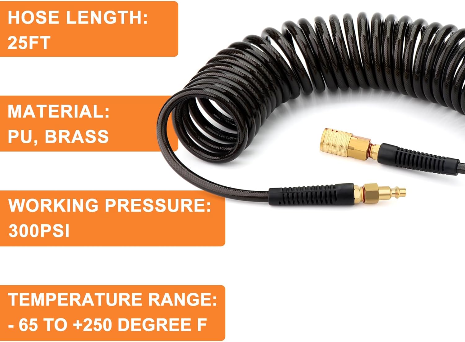 GASHER 1/4" x 25FT Black Reinforced Polyurethane Recoil Air Hose with Bend Restrictor, 1/4" Industrial Quick Coupler and Plug