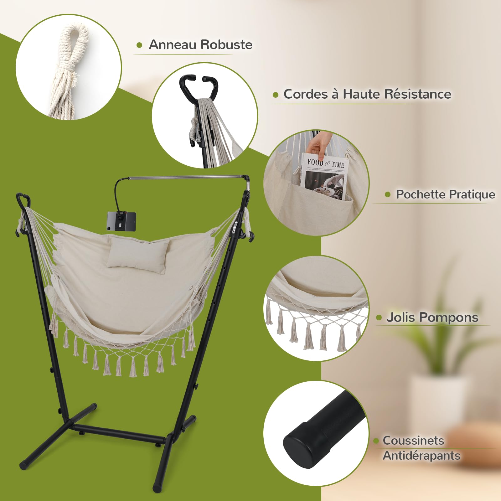 COSTWAY Hamac sur Pied avec Support en Métal, 6 Hauteurs 96-146 cm, Beige