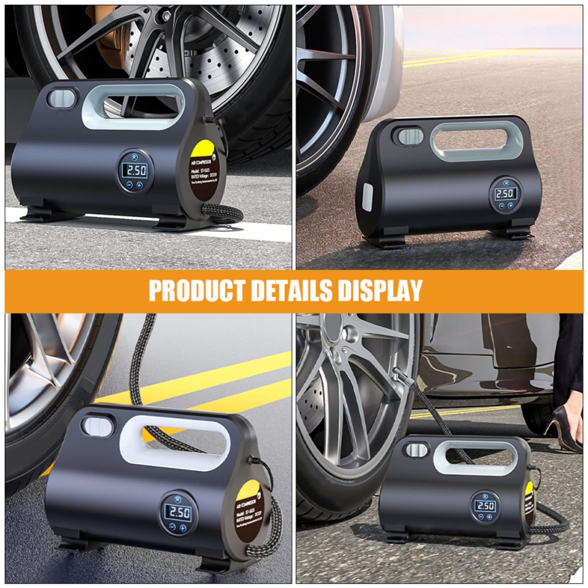 Toyvian Inflador de Aire Portátil, Compresor de Aire Portátil para Coche, Abs Negro, Dc12 V, 120 W, 22 L/, Pantalla Digital, Monitor de Presión, para Neumáticos y Bicicleta