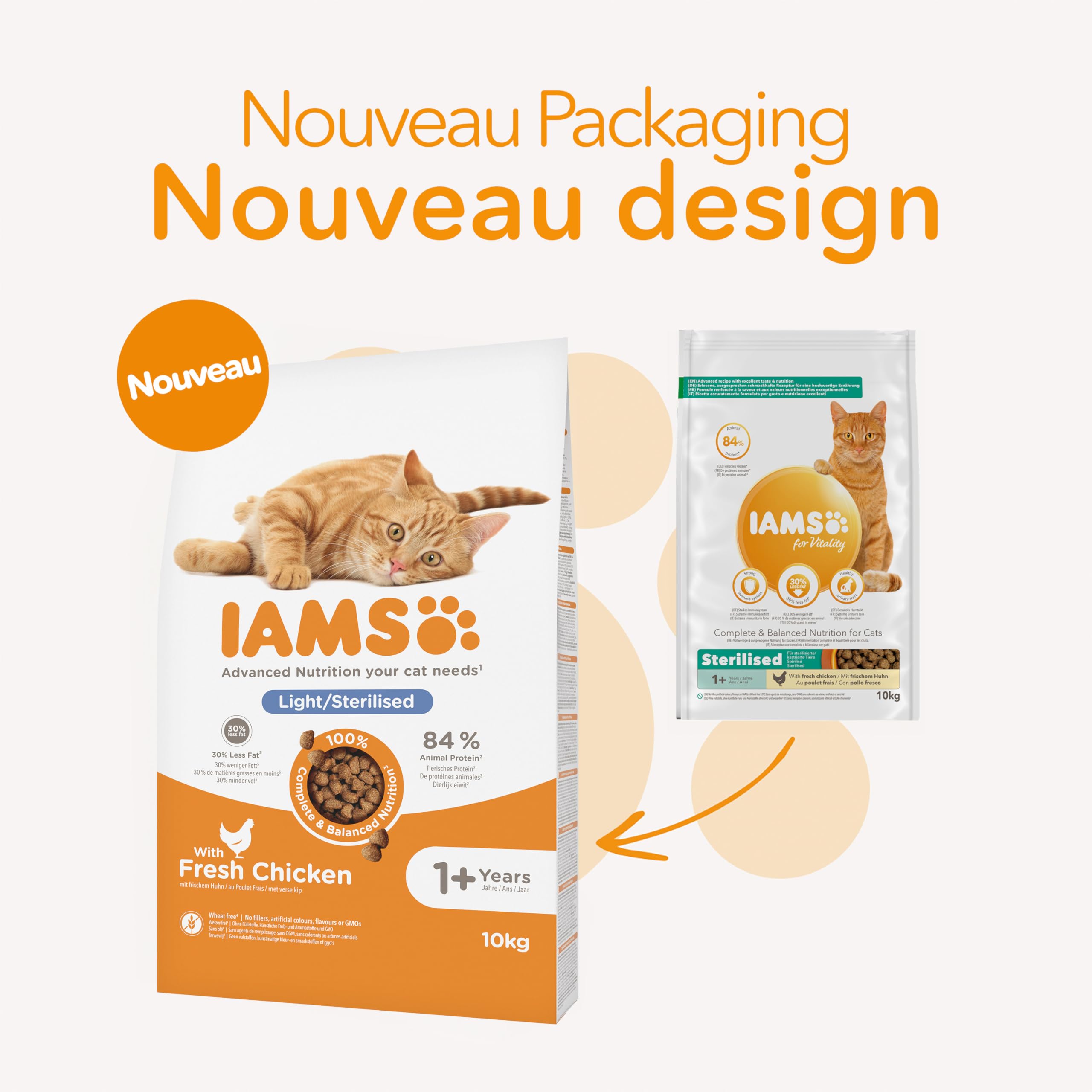 IAMS Advanced Nutrition - Croquettes Allégées - Adaptées aux Chats Stérilisés - Complètes équilibrées - Favorise Le contrôle du Poids - Au Poulet Frais - sans OGM colorants arômes artificiels - 10 kg