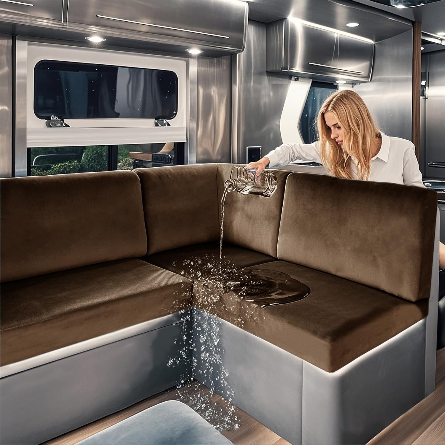 UNBBRRL 100% Waterproof Sofa Cover for RV, RV Couch Covers for Sofa Bed Velvet, Non-Slip Camper Couch Cushion Covers with Elastic Bottom and Straps (Brown,W 59-75 in, D 22-26 in)