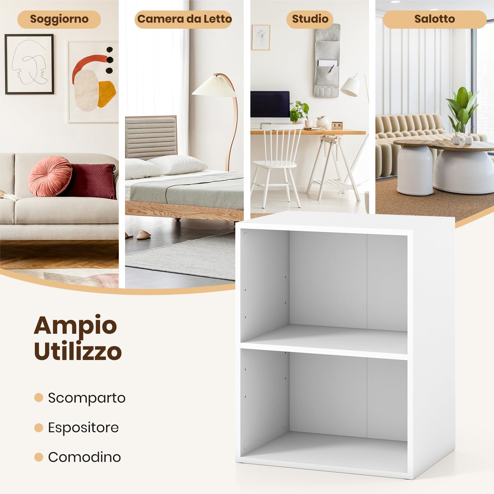 SOARS Libreria a 2 Cubi, Ripiano Mobile con 5 Posizioni Regolabili, Libreria 2 Livelli con Tappetini Antiscivolo e Adesivi per Fori delle Viti, Adatto per Studio, Soggiorno e Cucina (Bianco)