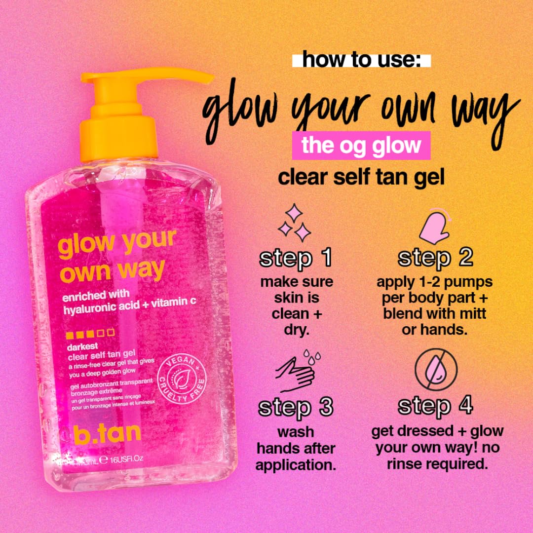 b.tan Glow Your Own Way - Gel autobronceador transparente, no se transfiere, vegano, libre de crueldad animal, 473 ml