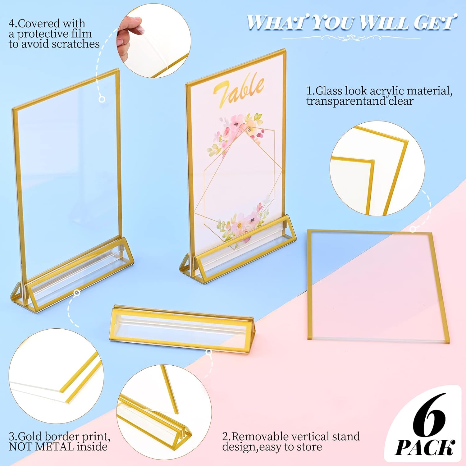 6 Packs Clear Acrylic Sign Holder with Gold Borders and Vertical Stand