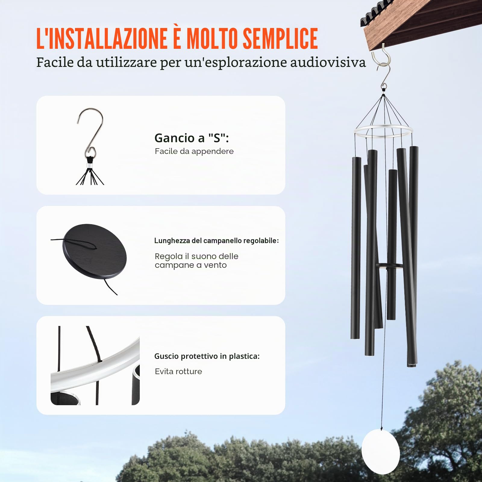 VEVOR Campanelli Eolici per Esterni 1677 mm Campanelli Eolici dai Toni Profondi con 6 Tubi, Decorazioni per Patio, Portico, Giardino e Cortile, Nero