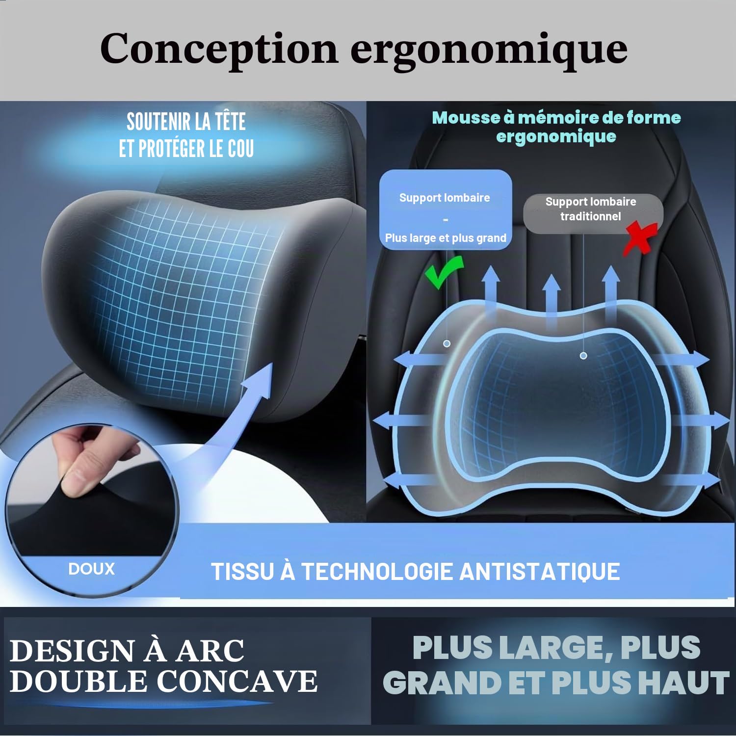 Ensemble de coussin de soutien lombaire et de repose tête pour voiture | Coussin de siège de voiture en mousse à mémoire de forme pour le soutien du cou et du dos - Repos pour le cou et le taille