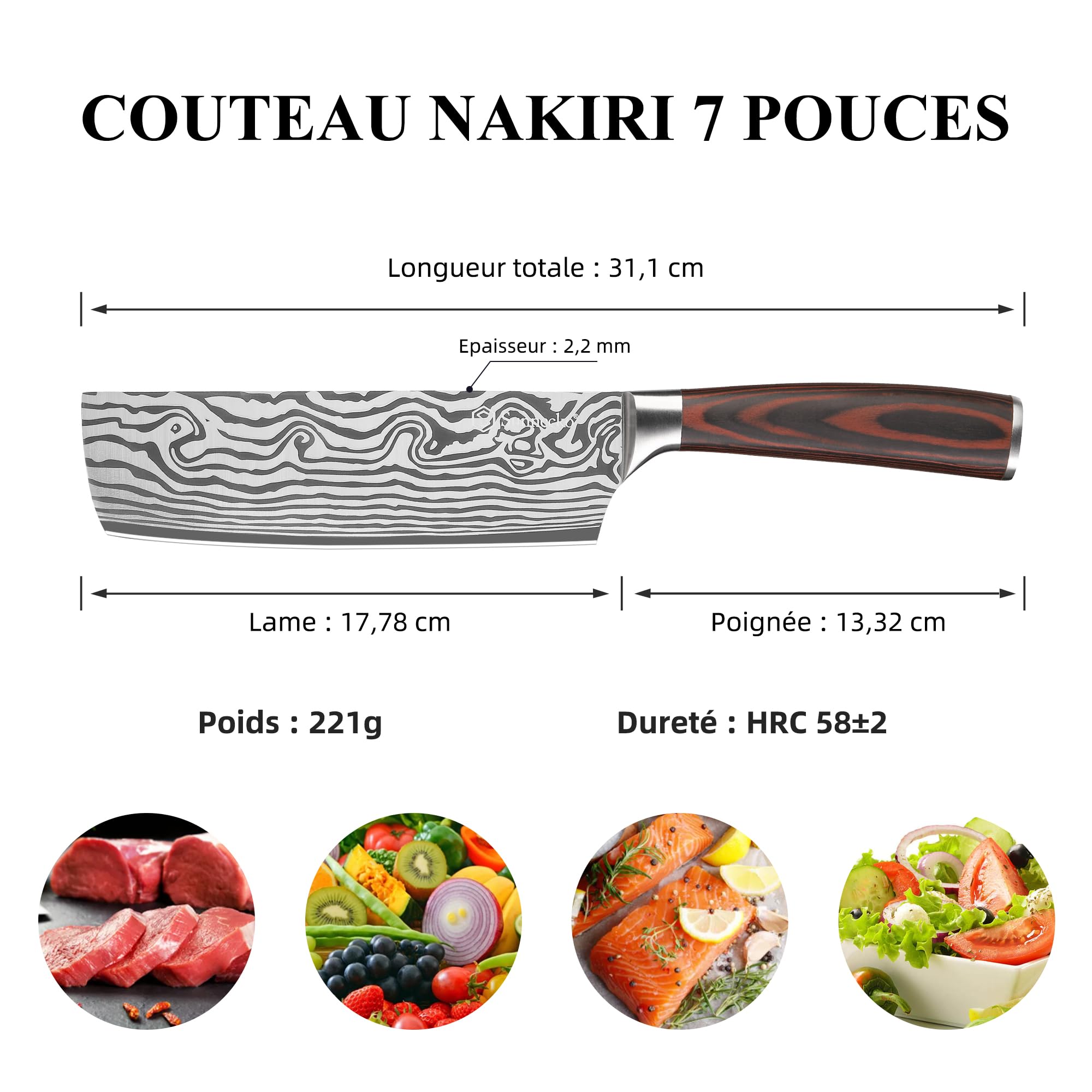 Sunnecko Couteau Nakiri Cuisine 18cm avec Protection de Lame, Couteau de Cuisine Professionnel pour Viande Légume Plat Asiatique, en Acier Inoxydable