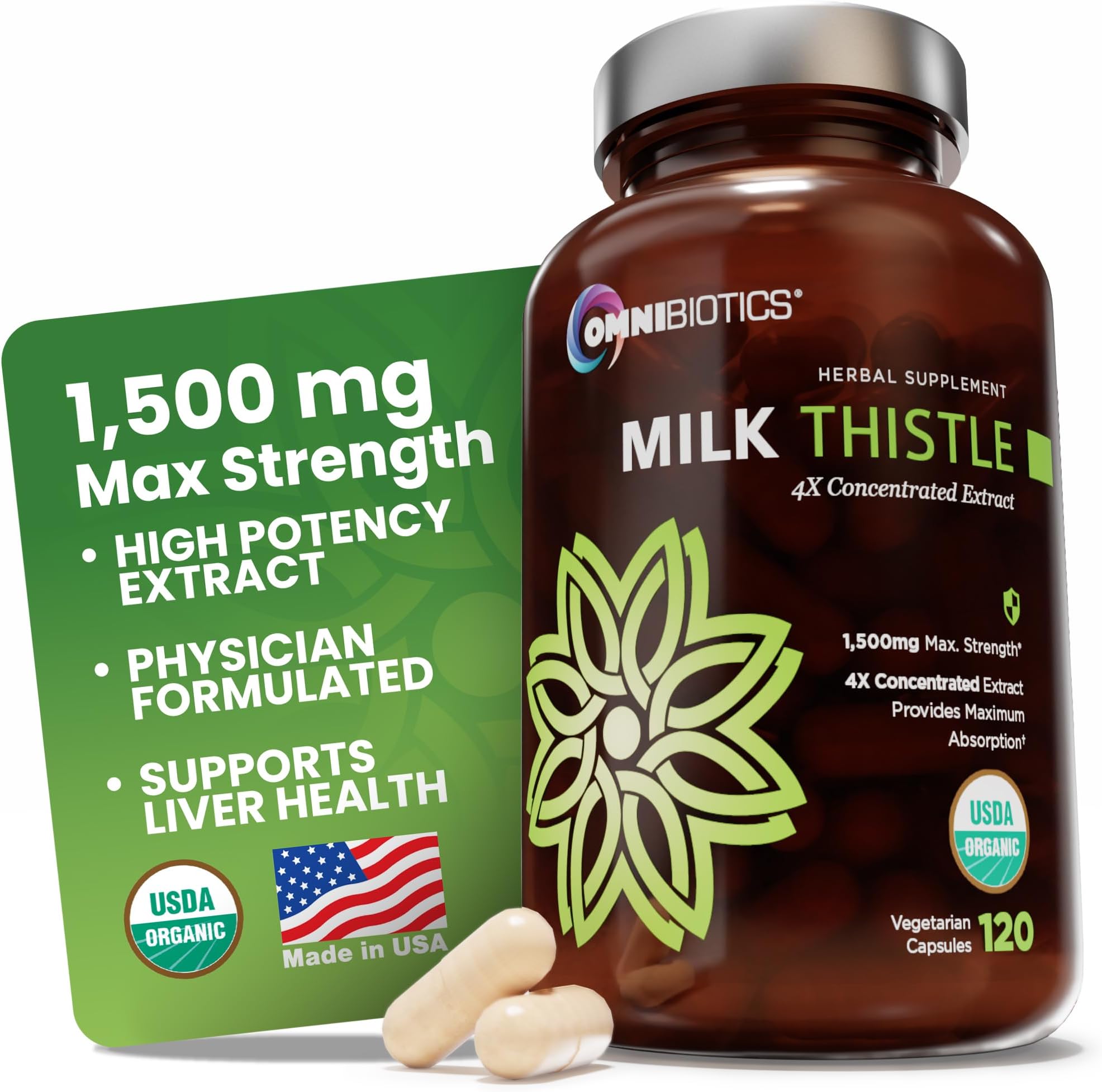 Organic Milk Thistle Supplement 1500mg – 4X Concentrated Extract with Silymarin – High Potency Liver Detox & Support – 120 Vegan Capsules